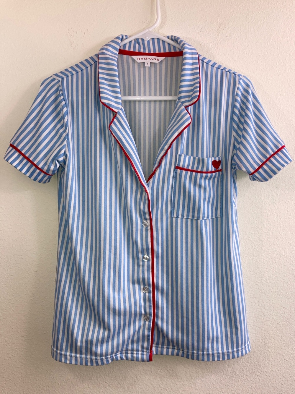 Rampage Blue White Striped Pajama Top Size S Heart Embroidered Sleep Shirt